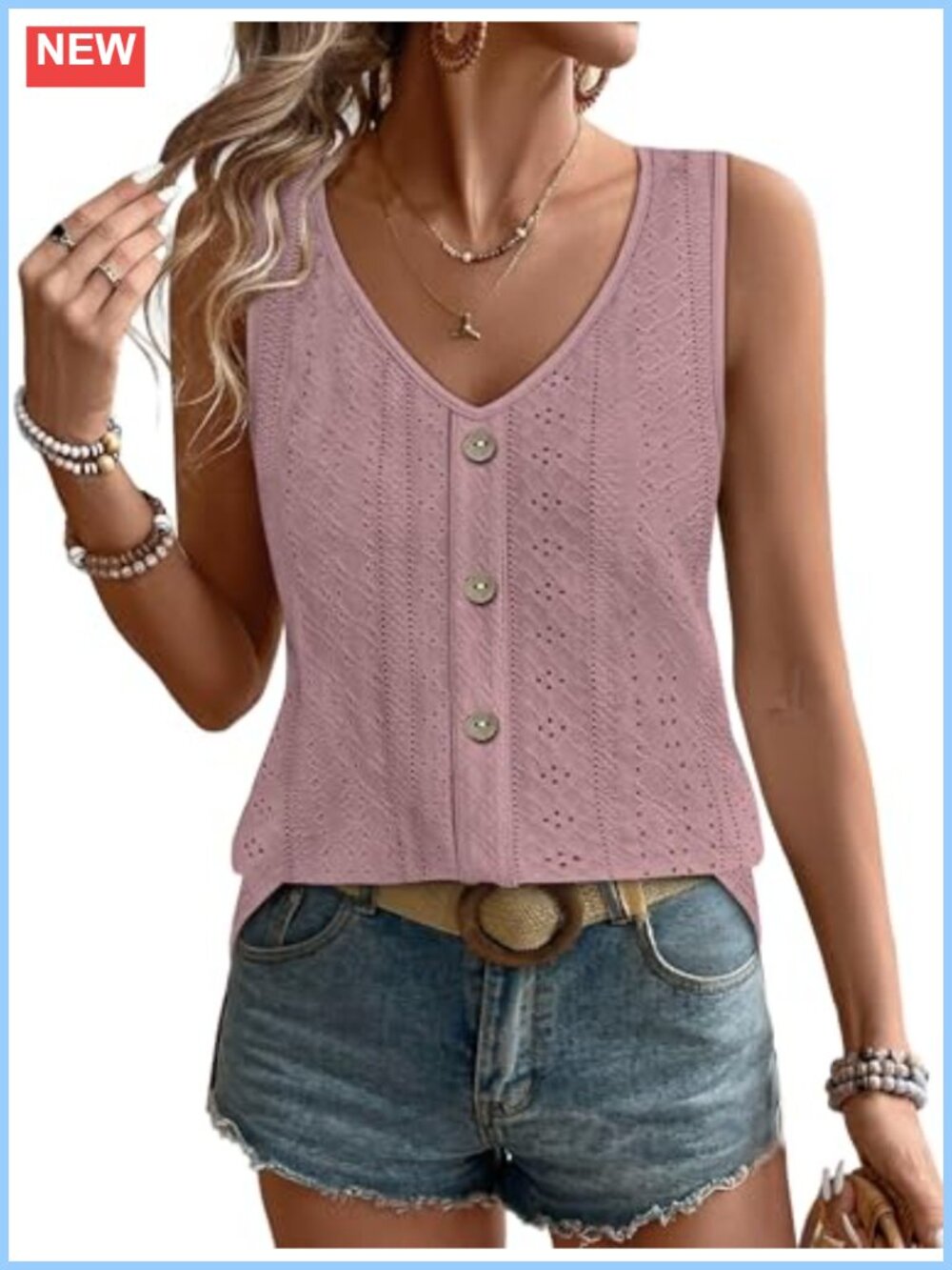 Womens Loose Casual Tank Top Eyelet V Neck Sleeveless Blouse Summer